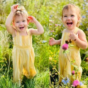 Tommy Bahama | Mustard Stripe Linen Romper Overalls Set & Headband | Size 12M